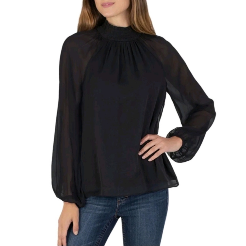 Joie Long Sleeve Smocked mockneck blouse